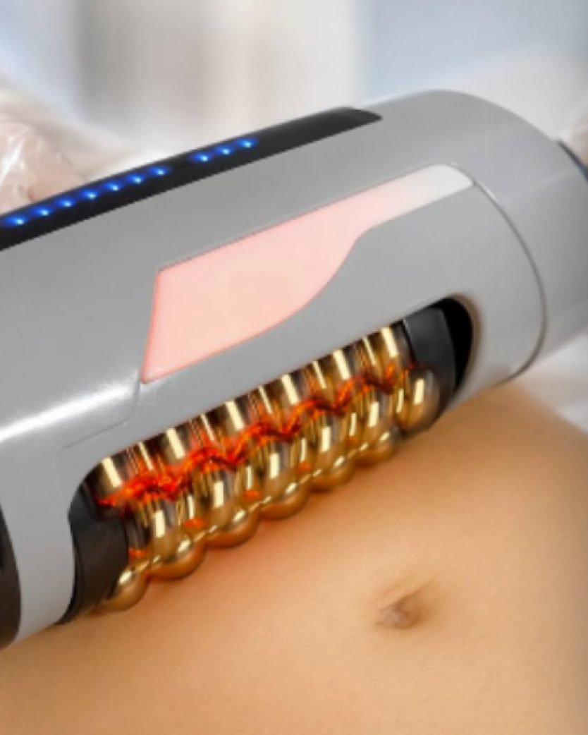 Laser handpiece gliding across skin, close-up