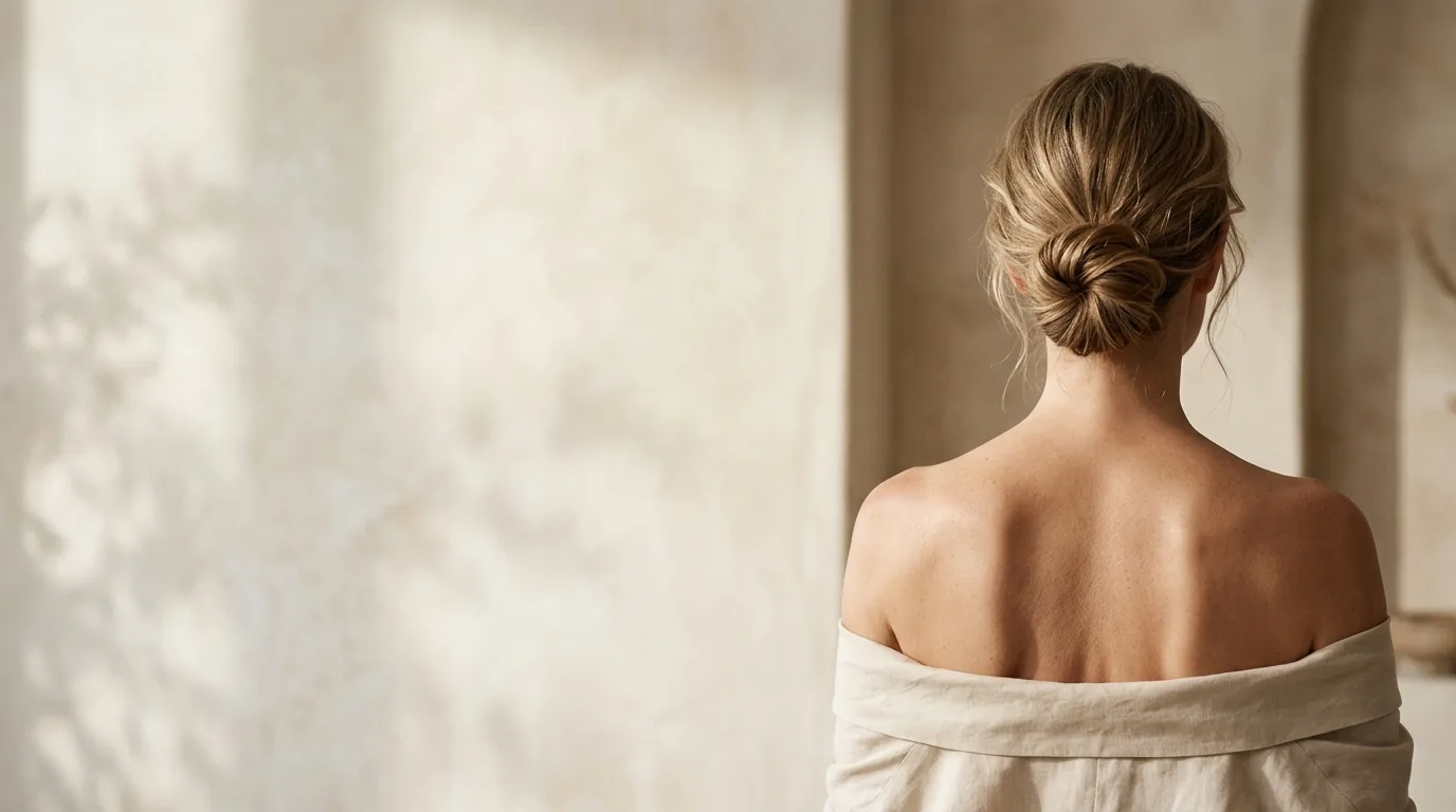 Editorial photograph of an adult woman from behind showing her shoulders and upper back, face not visible