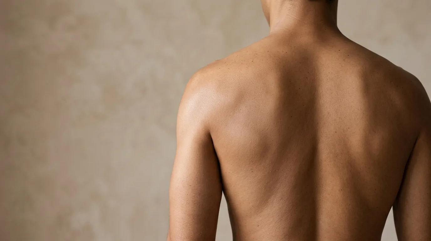 Editorial photograph of an adult man from behind showing his back and shoulders, face not visible