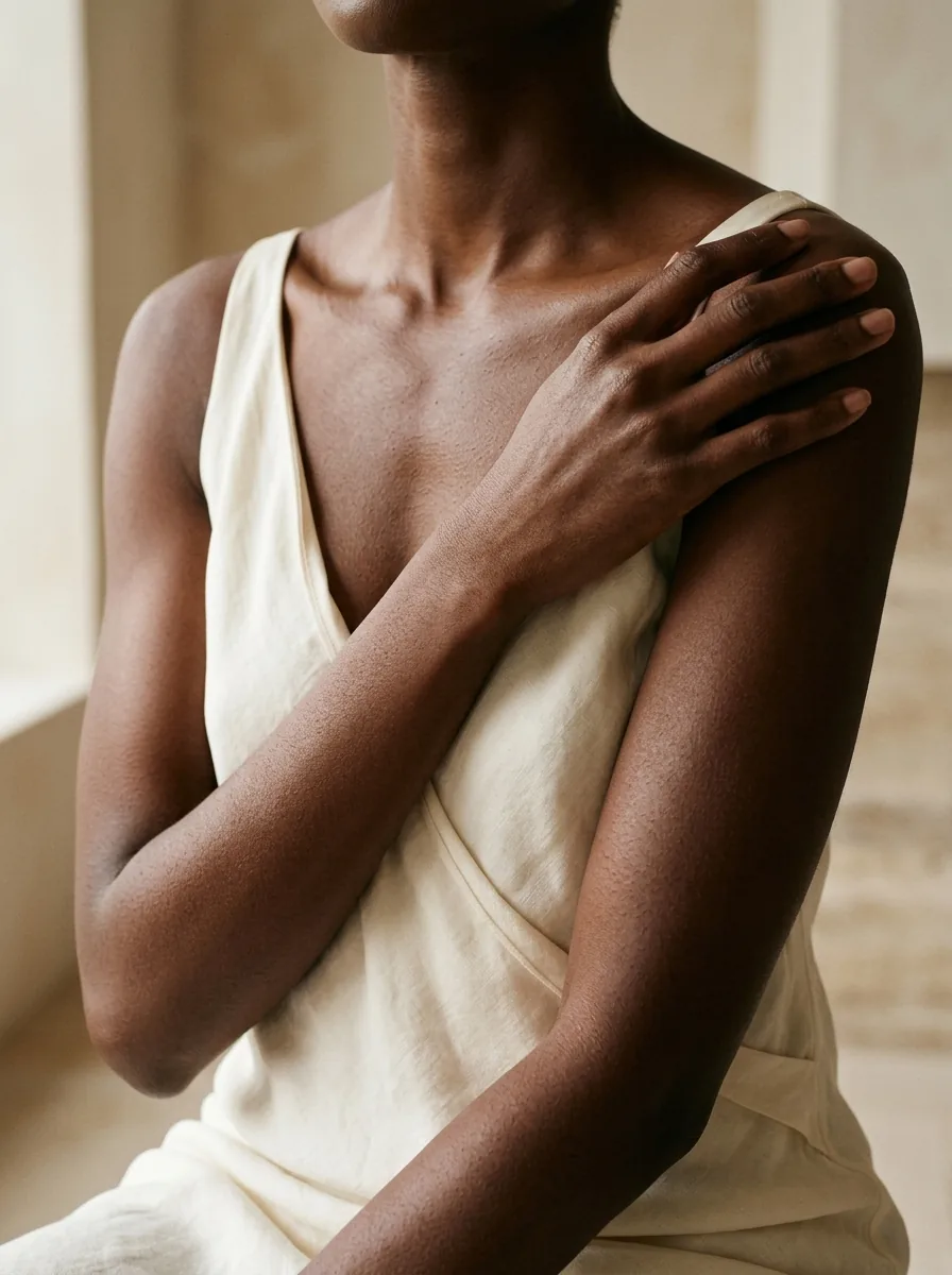Graceful arms and shoulders of an adult woman, head outside the frame