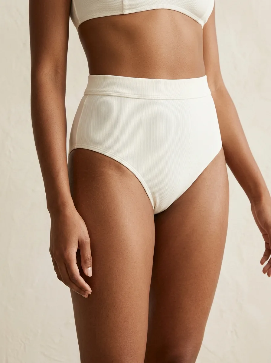 Waist and hips of an adult woman in a modest ivory swimsuit, face outside the frame