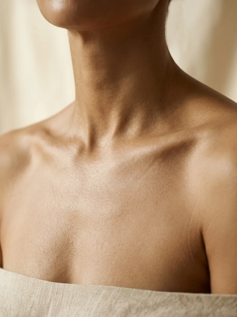 Elegant neck and upper shoulders of an adult woman, face outside the frame