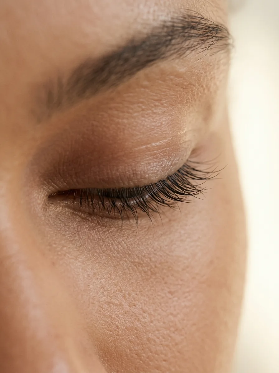 Natural lashes lifted, curled and defined, close-up