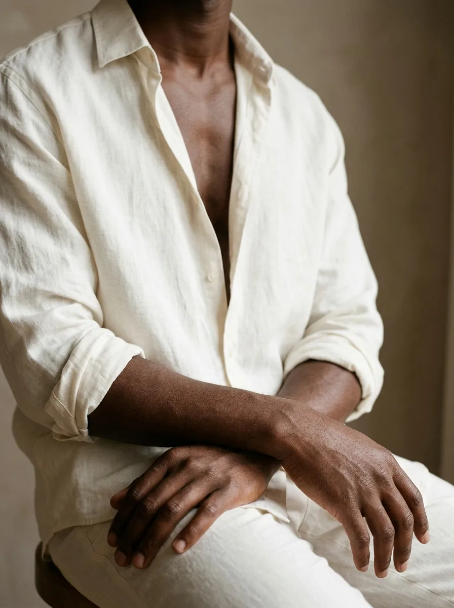 Arms and torso of an adult man with deep-brown skin, face outside the frame