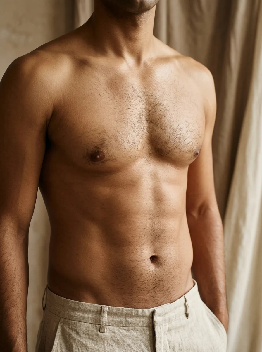 Natural male torso, face outside the frame