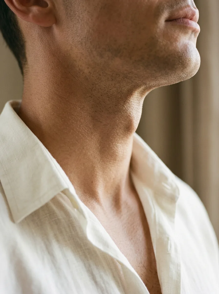 Neck and jawline of an adult man, face not shown