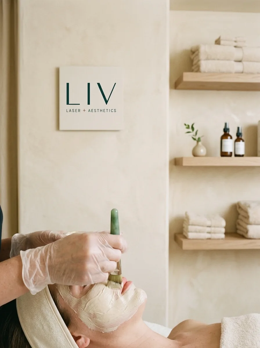 A professional facial treatment in a calm treatment room with a LIV Laser + Aesthetics wall plaque, esthetician applying a mask