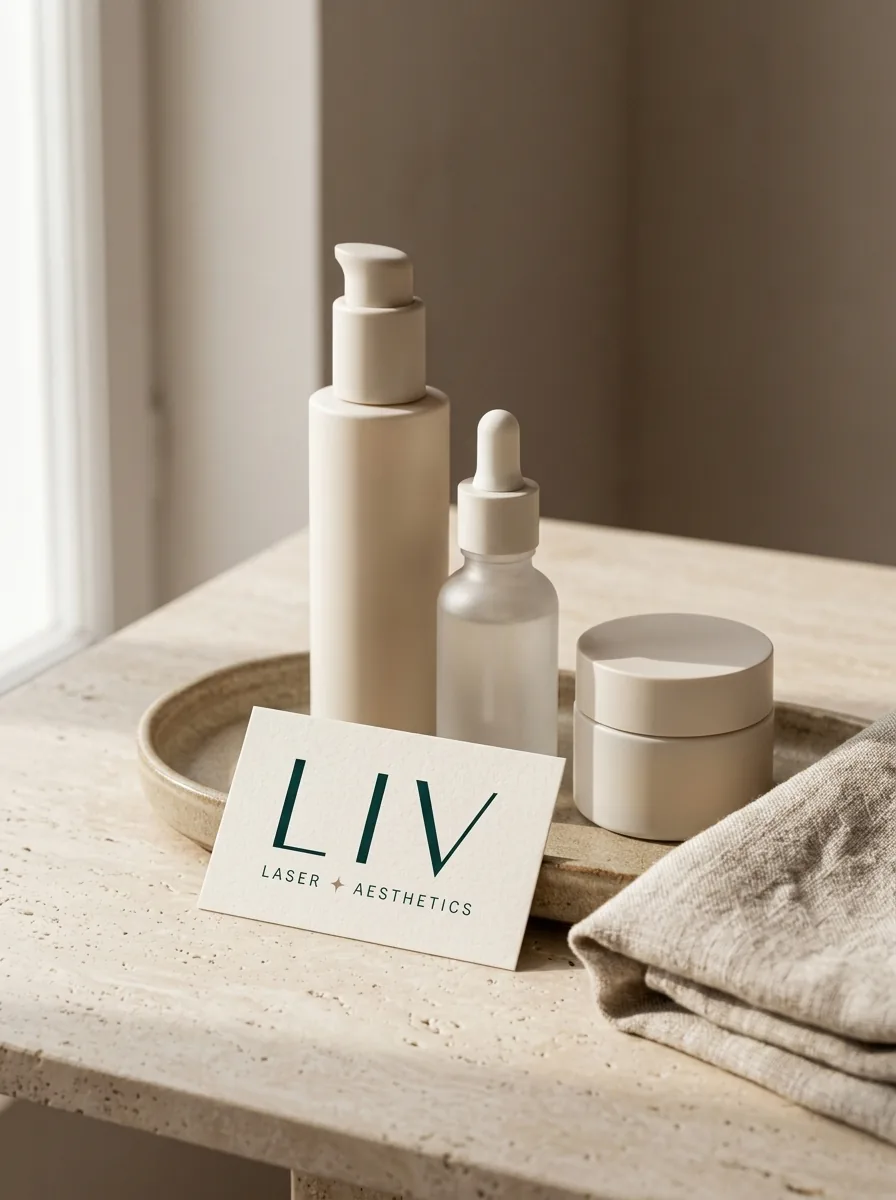 Professional skincare products on a ceramic tray with a LIV Laser + Aesthetics card
