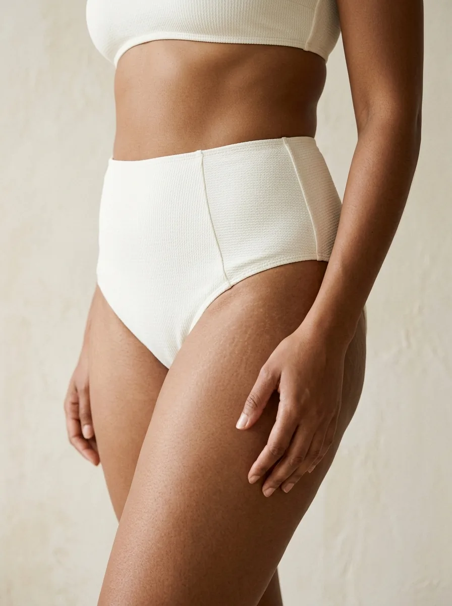 Waist and hips of an adult woman in an ivory swimsuit, face outside the frame