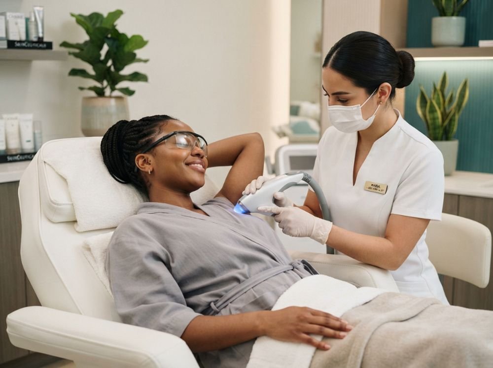 A specialist performing a laser hair removal treatment on a client in a bright studio